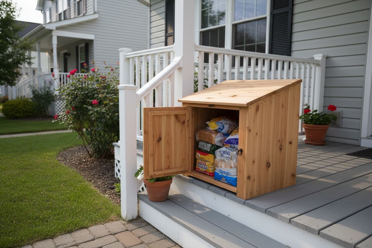 Please generate an image of a shed on the porch of a normal middle-class household in the united states which has bread bags inside it