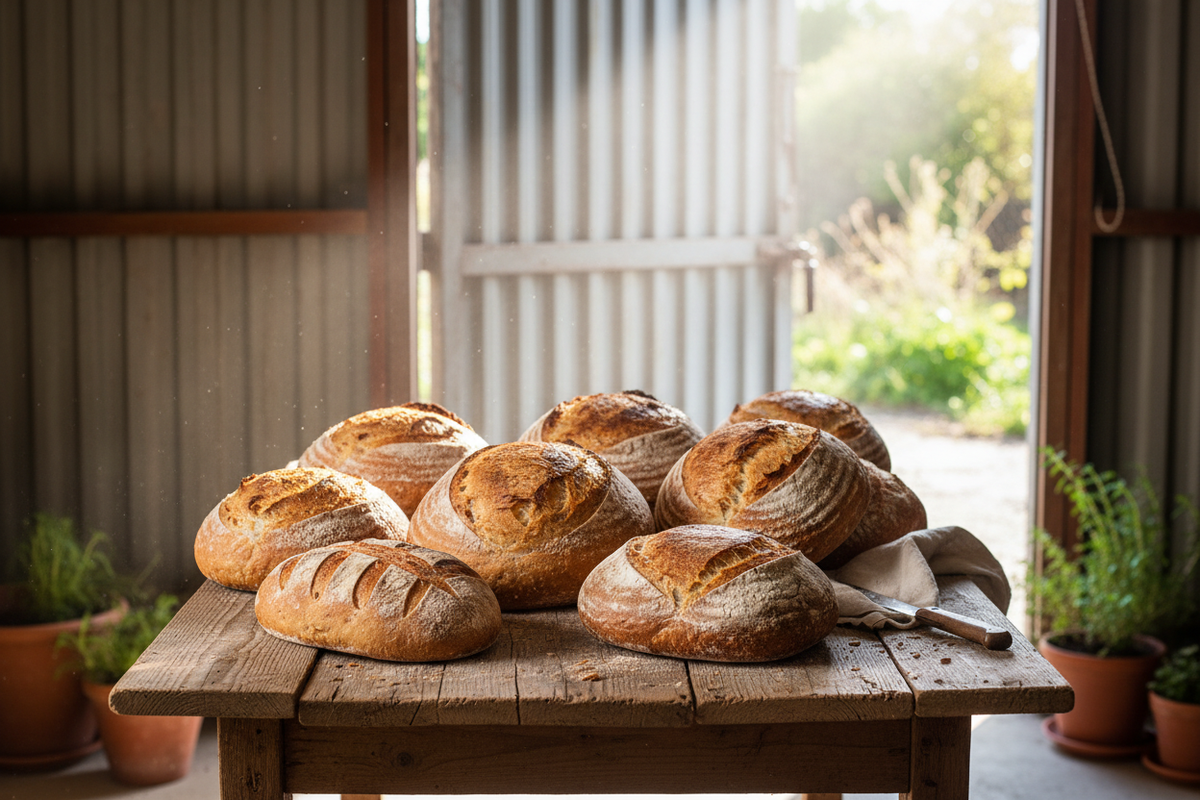 Please generate an image of a table with bread on it in front of a garage door in a 5:4 aspect ratio